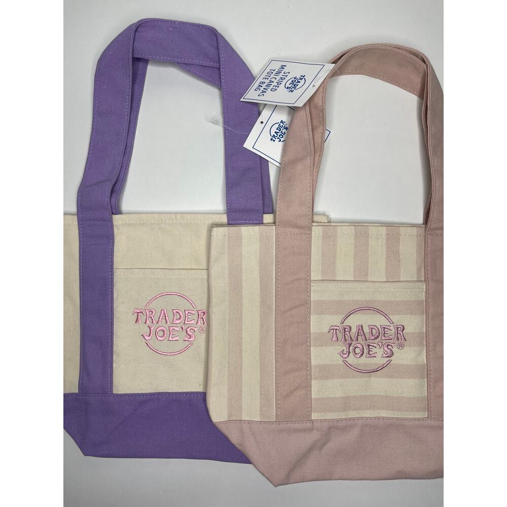 Set of 2 — Trader Joe’s Canvas MINI Tote Bags — PASTEL PURPLE + PINK STRIPES NWT